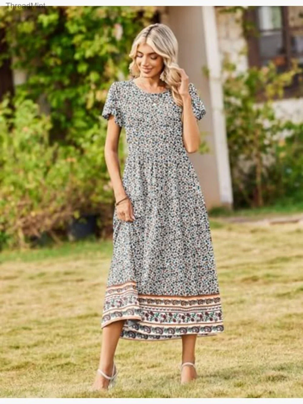 Bohemian Floral Maxi Dress - Short Sleeve Flowy Casual Beach Sundress - Picture 3 of 7